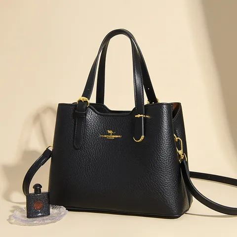 Women Genuine Leather Litchi Texture Handbag Kangaroo Logo Elegant Commuter Shoulder Crossbody Bag With Adjustable Strap