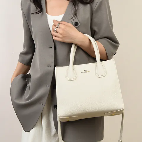 Bolso Tote de Cuero Genuino para Mujer Elegante Bolso de Mano de Grano de Litchi Con Logotipo de Canguro Moda Bolso de Hombro Gran Capacidad