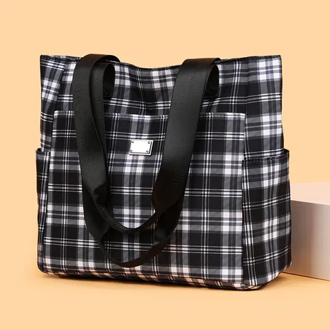 Britischer Stil Kariert Große Kapazität Tragetasche Oxford Tuch Schulter Achsel Tasche Für Damen Pendeln Freizeit Handtasche