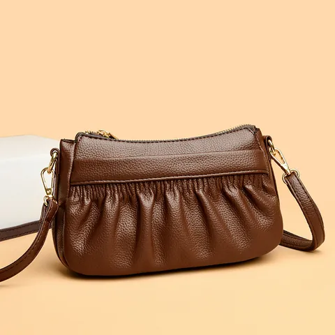Pleated Genuine Leather Small Square Bag For Women Solid Color Split Cowhide Crossbody Shoulder Bag With Gold Hardware Minimalist Daily Handbag