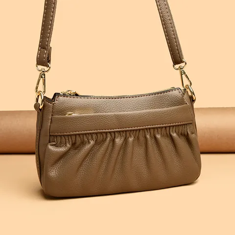 Pleated Genuine Leather Small Square Bag For Women Solid Color Split Cowhide Crossbody Shoulder Bag With Gold Hardware Minimalist Daily Handbag