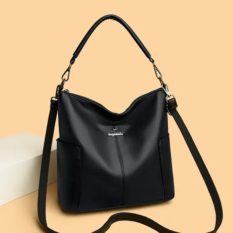 Borsa a Secchiello da Donna di Grande Capacità in Vera Pelle Texture Litchi Borsa a Spalla e a Mano Con Catena in Metallo
