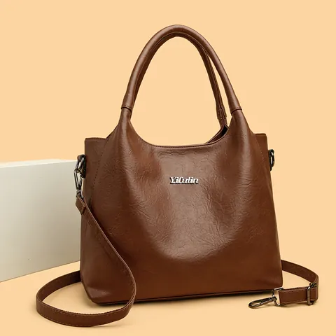 Women Retro Oil Leather Tote Bag Silver Letter Grain Commuter Handbag Shoulder Crossbody Bag Fashion Casual Office Purse