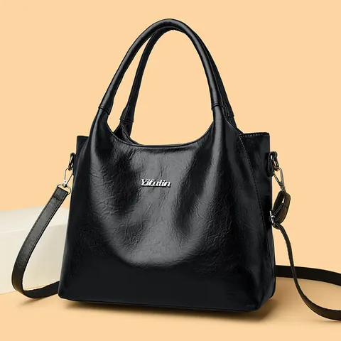 Women Retro Oil Leather Tote Bag Silver Letter Grain Commuter Handbag Shoulder Crossbody Bag Fashion Casual Office Purse
