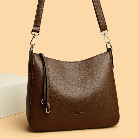 Women Genuine Leather Bucket Bag Pebbled Cowhide Shoulder Crossbody Bag Minimalist Handbag For Daily Commuting Fashion