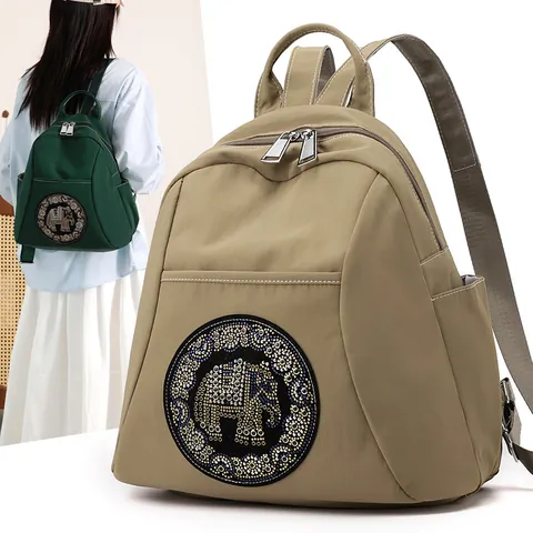 Waterproof Nylon Backpack Women Rhinestone Elephant Pattern Elegant Casual Travel Bag For Students And Daily Use