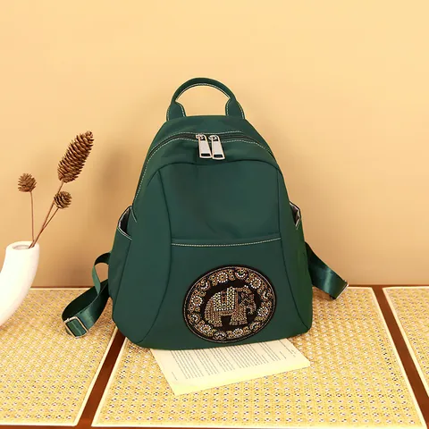 Waterproof Nylon Backpack Women Rhinestone Elephant Pattern Elegant Casual Travel Bag For Students And Daily Use