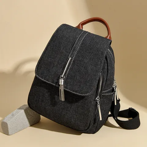 Women's Vintage Washed Denim Backpack With Brown Leather Handle Metal Tassel Casual Travel School Bag For Girls Black Backpack