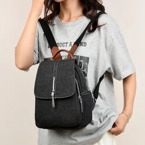 Women's Vintage Washed Denim Backpack With Brown Leather Handle Metal Tassel Casual Travel School Bag For Girls Black Backpack