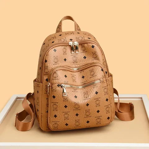 Women Korean Fashion Little Bear Printed Backpack Casual PU Leather Travel Rucksack With Gold Hardware For School Students