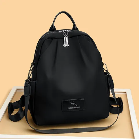 Fashion Lightweight Pleated Nylon Backpack For Women Waterproof Travel Rucksack With Kangaroo Logo Design Black Brown