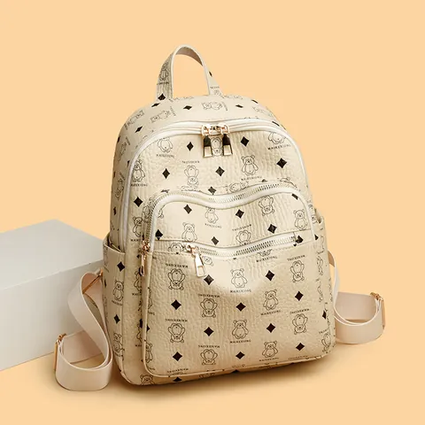 Women Korean Fashion Little Bear Printed Backpack Casual PU Leather Travel Rucksack With Gold Hardware For School Students