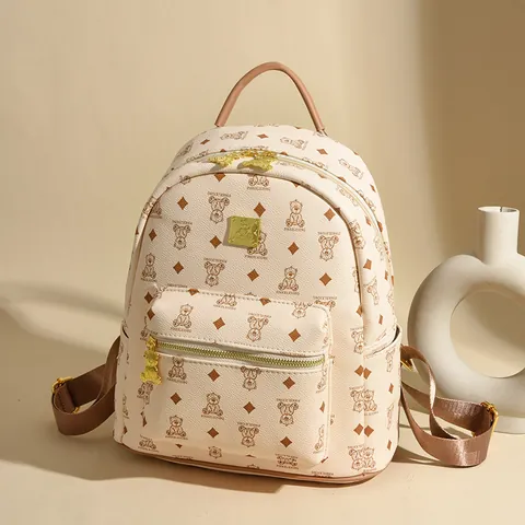 Mode Damen Bären Druck Rucksack PU Leder Schultasche Für Mädchen Große Kleine Größe Wasserdicht Reisen Rucksack Mit Gold Bär Anhänger