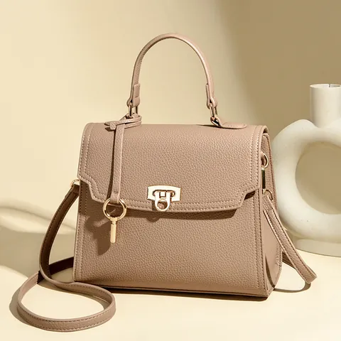 Damen Echtleder Handtasche Litschimuster Umhängetasche Gold Verschluss Henkeltasche Schultertasche Mode Pendler Tasche