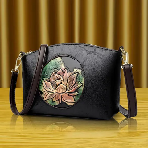 Vintage Chinese Style Embossed Lotus Crossbody Bag Genuine Leather Women Shell Shape Shoulder Bag Ethnic Floral Handbag