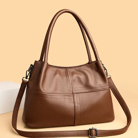 Women Genuine Leather Tote Bag Lychee Pattern Cross Stitch Large Capacity Handbag Shoulder Crossbody Bag For Commuting