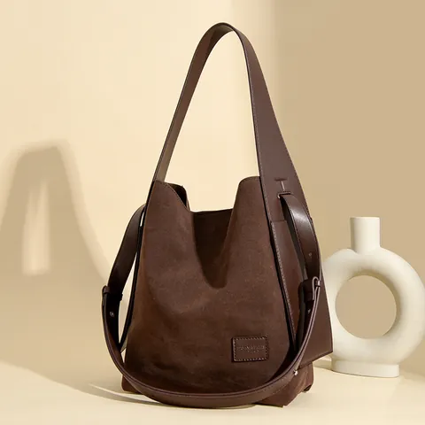Women Retro Suede Bucket Bag Large Capacity Shoulder Bag Premium Stitching Design Casual Daily Tote Commute Handbag