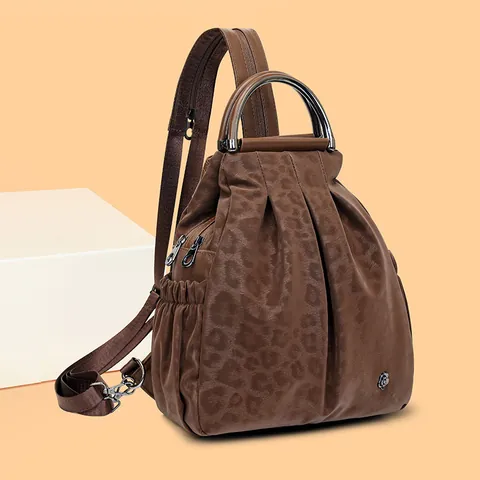 Women's Fashion Leopard Print Pleated Backpack Casual Travel Chest Bag With Metal Round Handle And Flower Decoration Multi-use PU Leather Bag