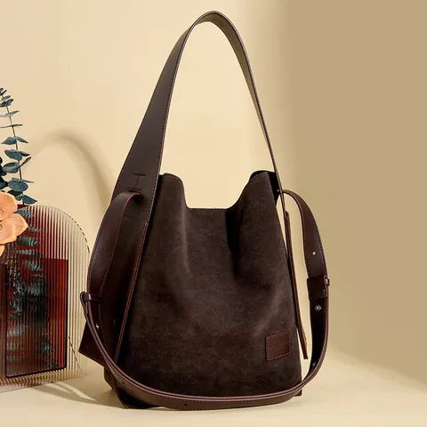 Women Retro Suede Bucket Bag Large Capacity Shoulder Bag Premium Stitching Design Casual Daily Tote Commute Handbag