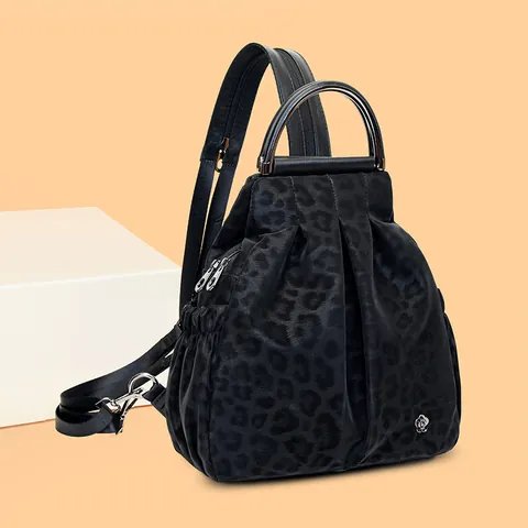 Women's Fashion Leopard Print Pleated Backpack Casual Travel Chest Bag With Metal Round Handle And Flower Decoration Multi-use PU Leather Bag