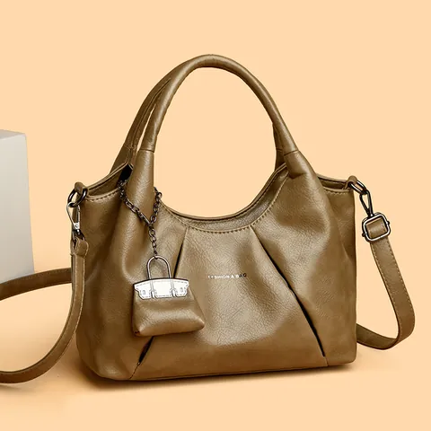 Pleated Genuine Leather Handbag For Women Composite Cowhide Shoulder Crossbody Bag With Mini Bag Charm Elegant Tote