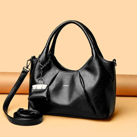 Pleated Genuine Leather Handbag For Women Composite Cowhide Shoulder Crossbody Bag With Mini Bag Charm Elegant Tote