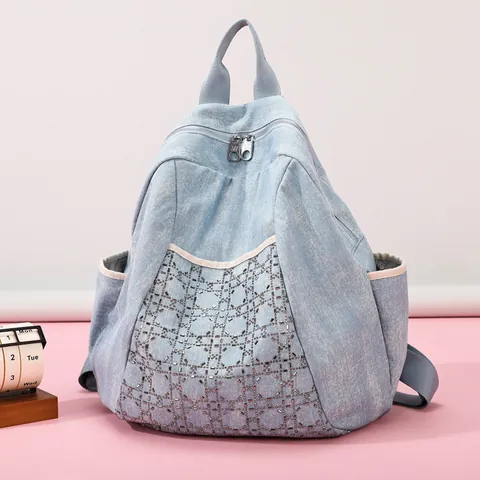 Women Denim Backpack Rhinestone Diamond Lattice Rose Embroidery Large Capacity Travel School Bag Fashion Casual Daypack