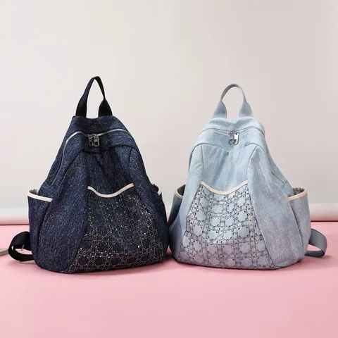 Women Denim Backpack Rhinestone Diamond Lattice Rose Embroidery Large Capacity Travel School Bag Fashion Casual Daypack