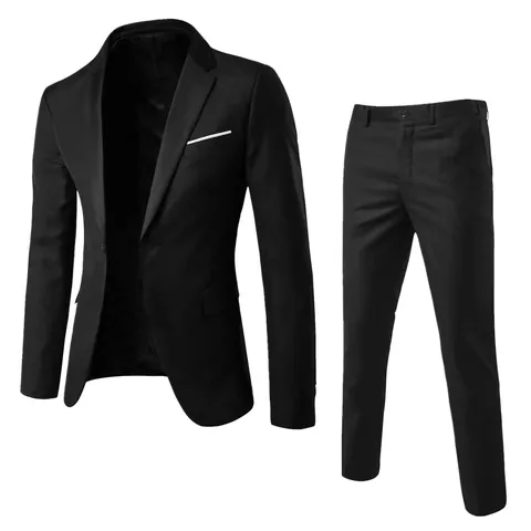 Men Smart Casual Suit Set Slim Fit Two Piece Jacket And Pants Viscose Blend Single Breasted Outfit For Business Wedding