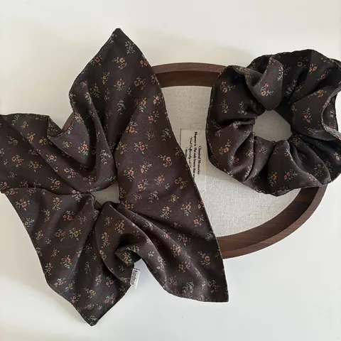 Vintage Coffee Floral Scrunchie And Square Scarf Set Korean Style Handmade Fabric Hair Tie Headband Hair Accessories For Women