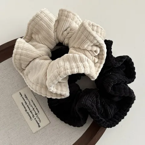 Women Corduroy Fabric Hair Scrunchies Korean Style Ribbed Knit Elastic Ponytail Holder Solid Color Large Hair Ring Accessories
