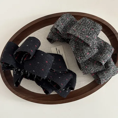 Pince à Cheveux Banane Vintage Style Coréen Nœud Tissu Pois Losanges Support Queue de Cheval Accessoire Cheveux Femme