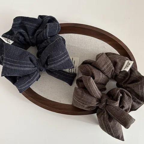 Scrunchie Vintage a Righe in Tessuto Con Fiocco Per Donna Grande Stile Coreano Misto Cotone Lino Elegante Accessorio Per Capelli