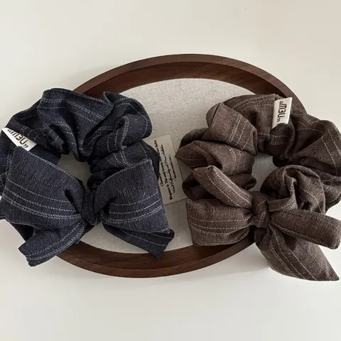 Scrunchie Vintage a Righe in Tessuto Con Fiocco Per Donna Grande Stile Coreano Misto Cotone Lino Elegante Accessorio Per Capelli