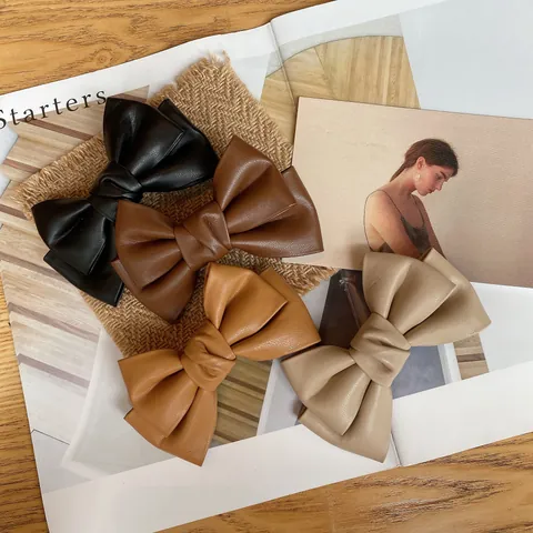 Vintage French Faux Leather Bowknot Hair Clip For Women Retro Large Bow Hairpin Duckbill Clip Handmade Hair Accessories