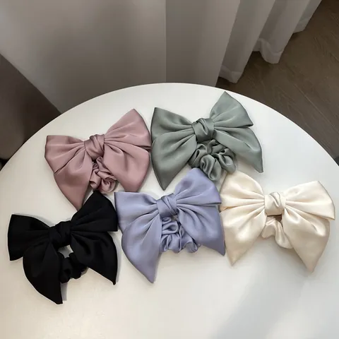 Large Satin Bow Scrunchie Oversized Pleated Hair Tie Elegant Sweet Handmade Hair Accessory For Women Ponytail Decor