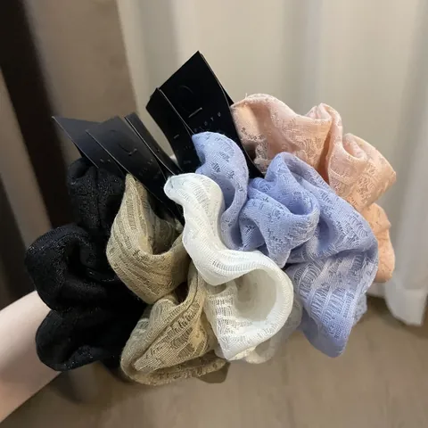 Chouchou Large en Dentelle Ajourée Style Coréen Élégant Tissu Élastique Cheveux Fait à la Main Accessoires pour Femmes