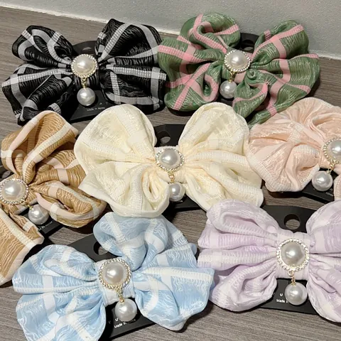 Sweet Plaid Bow Hair Clip With Faux Artificial Pearl Rhinestone Pendant Fabric Spring Clip Elegant Korean Style Hair Accessories For Women