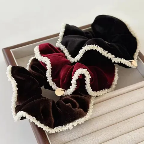 Vintage Fluweel Kunstparel Scrunchies Franse Elegante Kralen Elastische Haarbanden Handgemaakte Haarelastiekjes Voor Vrouwen Styling