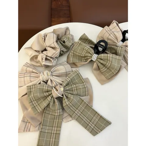Vintage Plaid Bow Hair Clip Pearl Patchwork Scrunchie Elegant Gingham Ribbon Barrette Claw Clip For Women Hair Accessory