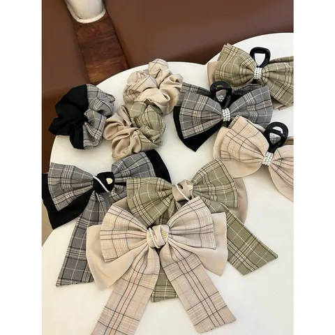 Vintage Plaid Bow Hair Clip Pearl Patchwork Scrunchie Elegant Gingham Ribbon Barrette Claw Clip For Women Hair Accessory