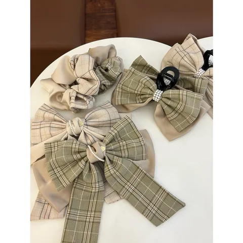 Vintage Plaid Bow Hair Clip Pearl Patchwork Scrunchie Elegant Gingham Ribbon Barrette Claw Clip For Women Hair Accessory