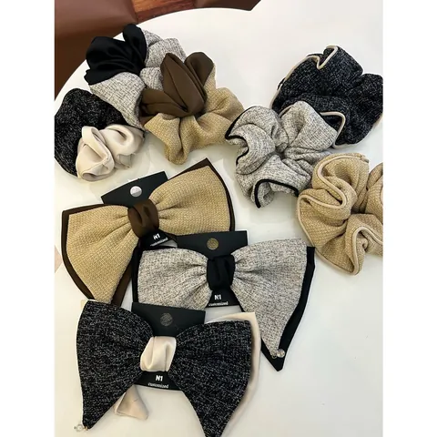 Elegant Tweed Satin Splicing Bow Hair Clips And Scrunchies Retro Fabric Hair Accessories For Women Daily Commute Styling