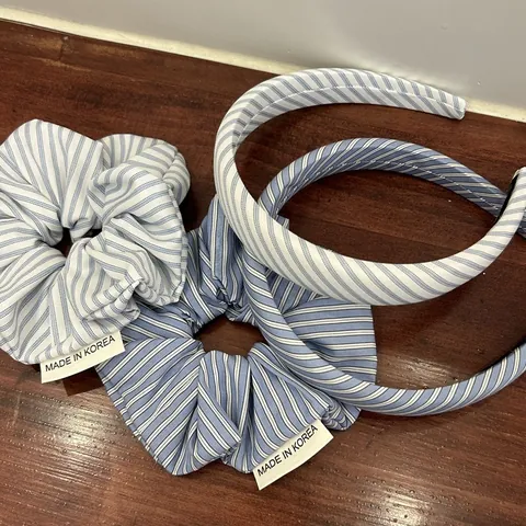 Accessoires de Cheveux en Tissu à Rayures Bleues et Blanches Style Coréen Incluant Chouchous et Serre-têtes pour Femmes