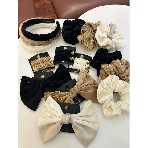 Koreaanse Stijl Satijn Fluweel Patchwork Strik Haarspeld Grote Scrunchie Hoofdband Set Voor Vrouwen Elegant Zwart Crème Haaraccessoires