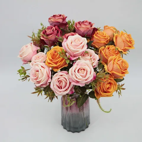 Ramo de Rosas Artificiales de Terciopelo y Satén Realista Multiflor para Decoración de Bodas Hogar Fiesta Elegantes Flores Artificiales