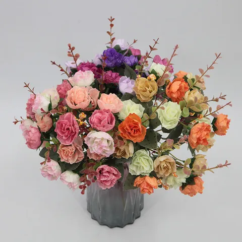 Artificial Rose Bouquet Silk Fabric Vintage Faux Flowers For Home Wedding Party Decor Autumn Color Floral Arrangement
