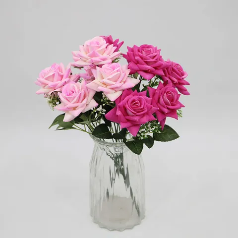 7 Heads Artificial Flannel Rose Bouquet Fake Silk Flowers With Green Leaves For Home Wedding Table Decor Valentine Gift