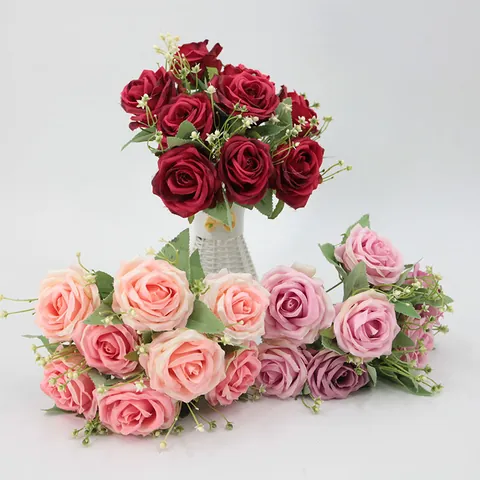 Künstlicher Rosenstrauß Satin Stoffblume Für Hochzeit Haus Dekoration Fotografie Requisiten Rollrand Mehrkopf Rose
