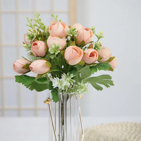 Artificial Mini Tea Rose Bouquet Satin Fabric Multi-head Fake Rose Buds For Home Wedding Decoration Photography Prop Handmade Faux Floral Arrangement